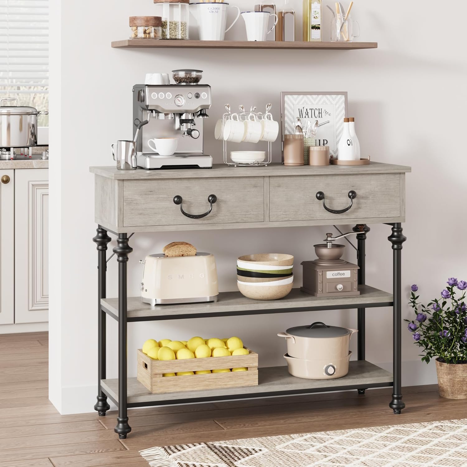 IDEALHOUSE 39'' Narrow Console Table with 2 Drawers, Farmhouse Sofa Table, Behind Couch Table with 2 Tier Storage Shelves, Entryway Table for Living Room, Hallway, Entrance, Foyer, Grey