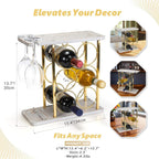 Gold Wine Rack with Glass Holder, Countertop Wooden Wine Holder for 6 Bottles & 2 Glasses, Includes Storage Trays for Corks & Openers – Perfect White & Gold Wine Display for Home Bar & Kitchen Decor