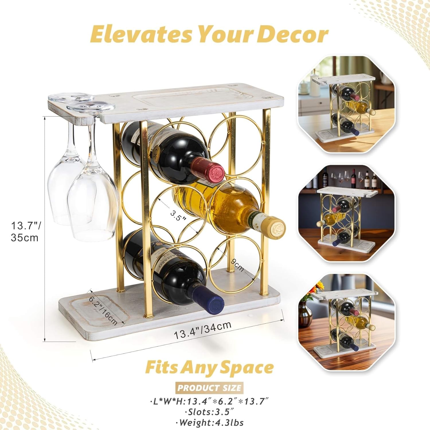 Gold Wine Rack with Glass Holder, Countertop Wooden Wine Holder for 6 Bottles & 2 Glasses, Includes Storage Trays for Corks & Openers – Perfect White & Gold Wine Display for Home Bar & Kitchen Decor