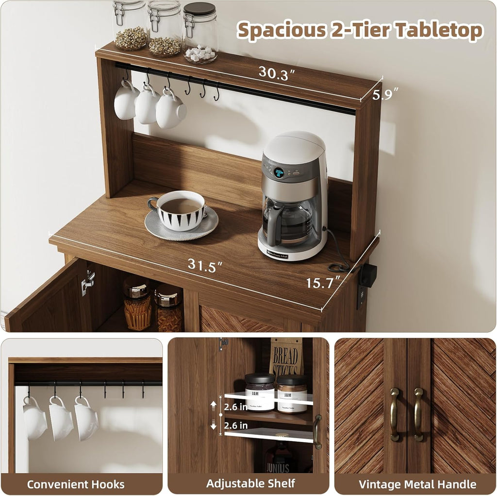 JOINICE Farmhouse Coffee Bar Cabinet with Storage,31.5" Kitchen Cabinet with Hooks and Charging Station,Coffee Station with Adjustable Shelf and Hutch,Sideboard for Living Dining Room