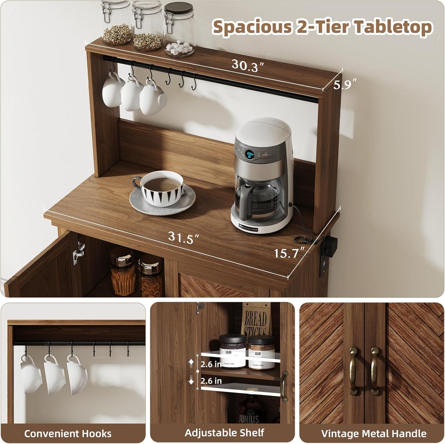 JOINICE Farmhouse Coffee Bar Cabinet with Storage,31.5" Kitchen Cabinet with Hooks and Charging Station,Coffee Station with Adjustable Shelf and Hutch,Sideboard for Living Dining Room