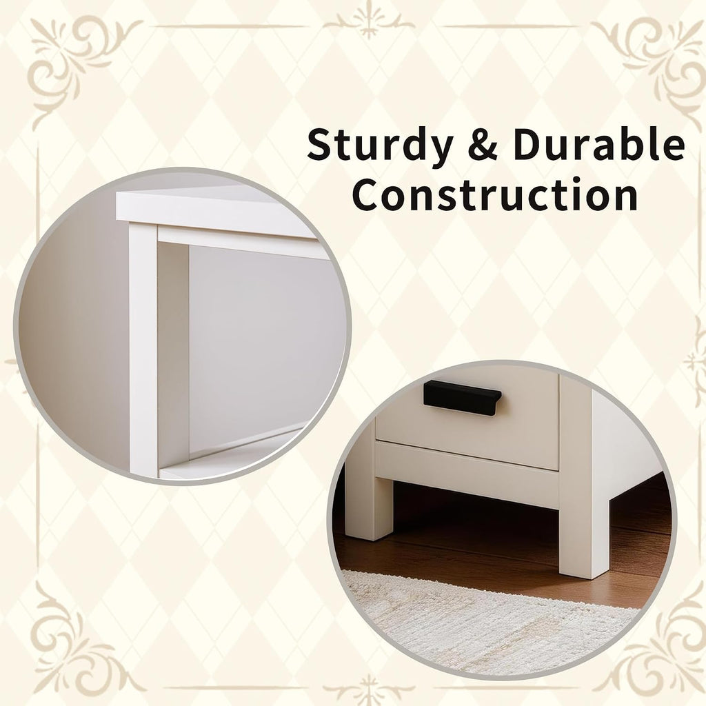 End Table with Charging Station, Narrow Nightstand with 2 Drawers, Side Table with USB Ports & Outlets, Small Bedside Table for Small Spaces, Bedroom, Living Room,Wood, White
