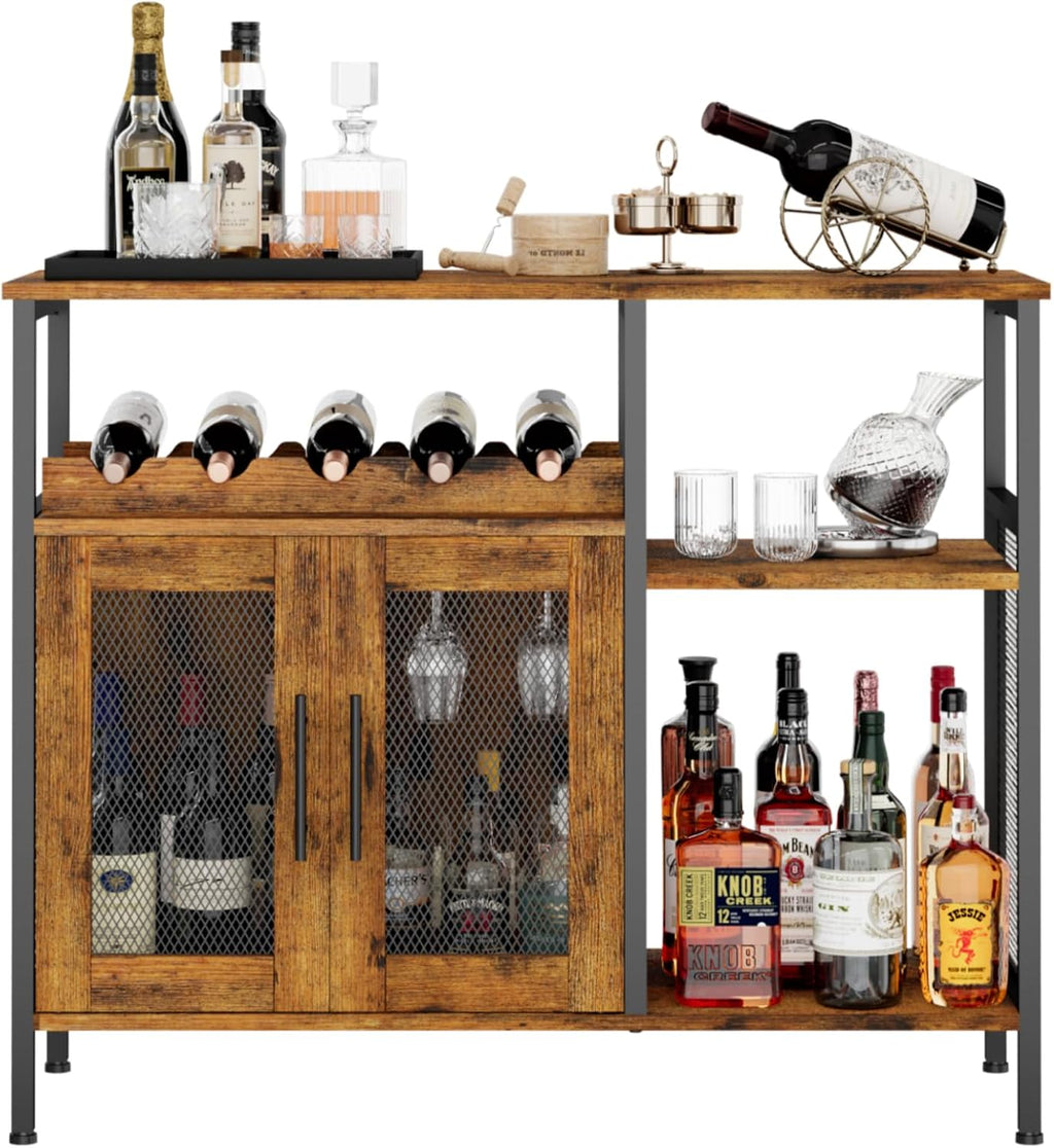 X-cosrack Wine Bar Rack Cabinet with Detachable Wine Rack, Coffee Bar Cabinet with Glass Holder, Small Sideboard and Buffet Cabinet with Mesh Door, Rustic Brown, Large