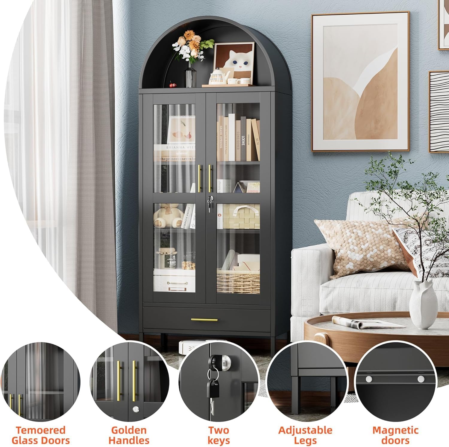72.83" H Black Metal Arched Cabinet with 1 Drawer,Arched Cabinet with Glass Doors for Home Office Living Room, Assembly Required