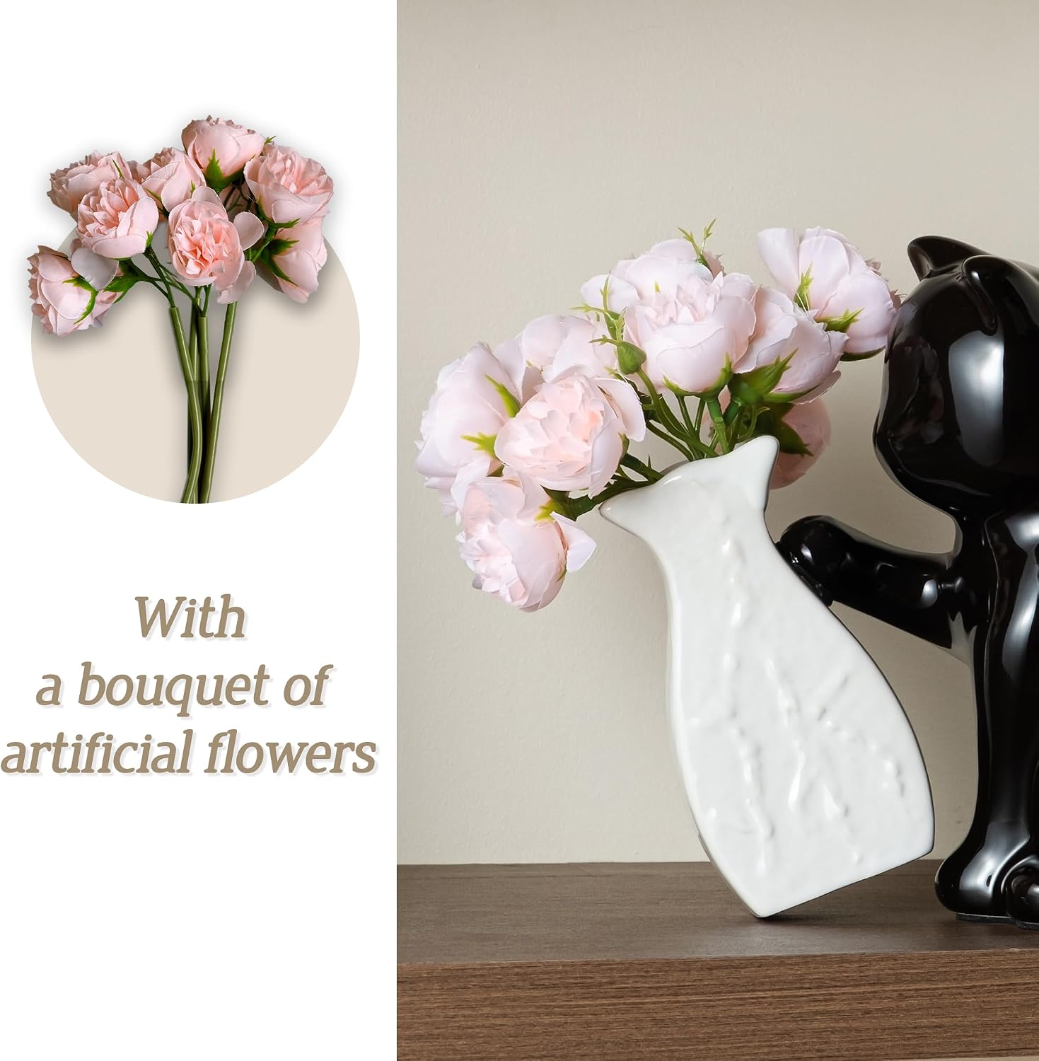 Cute Cat Vase with Flowers, 7.5in Small Ceramic Flower Vase & Cat Figurine | Unique Creative Black Vase Gifts for Cat Lovers, Decorative Vases for Home Office Bedroom Table Centerpieces Shelf Decor