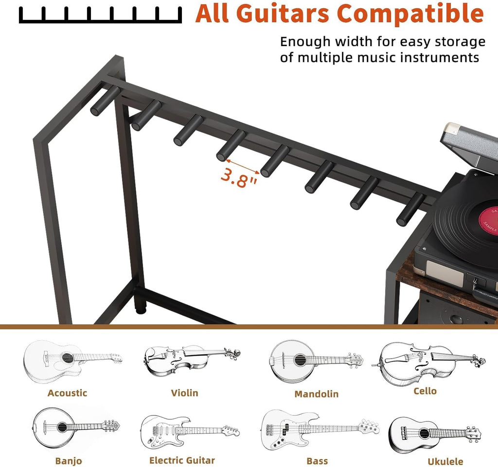 Guitar Stand with Record Player Stand, Guitar Rack with Record Player Table, Guitar Holder 7 Space for Multiple Guitars, Bass, Acoustic, Guitar Display for Home Music Studio, Brown