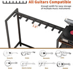 Guitar Stand with Record Player Stand, Guitar Rack with Record Player Table, Guitar Holder 7 Space for Multiple Guitars, Bass, Acoustic, Guitar Display for Home Music Studio, Brown