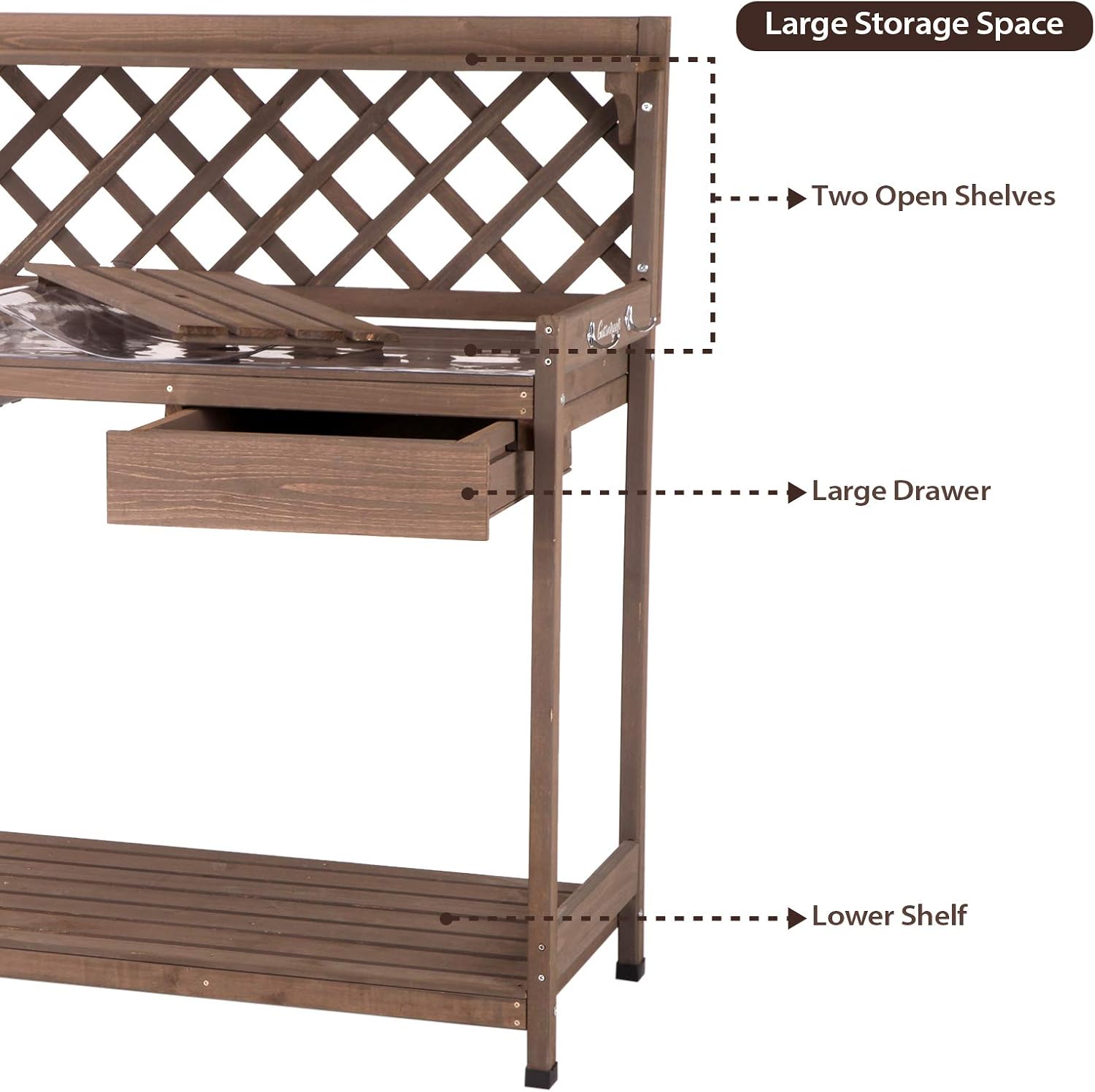 GUTINNEEN Potting Bench Garden Table for Plants Outside Outdoor Wooden Garden Work Bench with Sink Storage PVC Layer Drawer Shelf Hook for Gardening