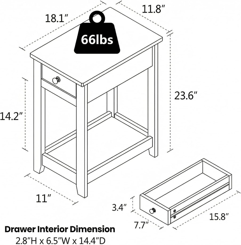 SEJOV Narrow Side Table, Small White End Table with Drawer & Storage Shelve Nightstand Wooden Bedside Table for Living Room Small Spaces Bedroom and Office