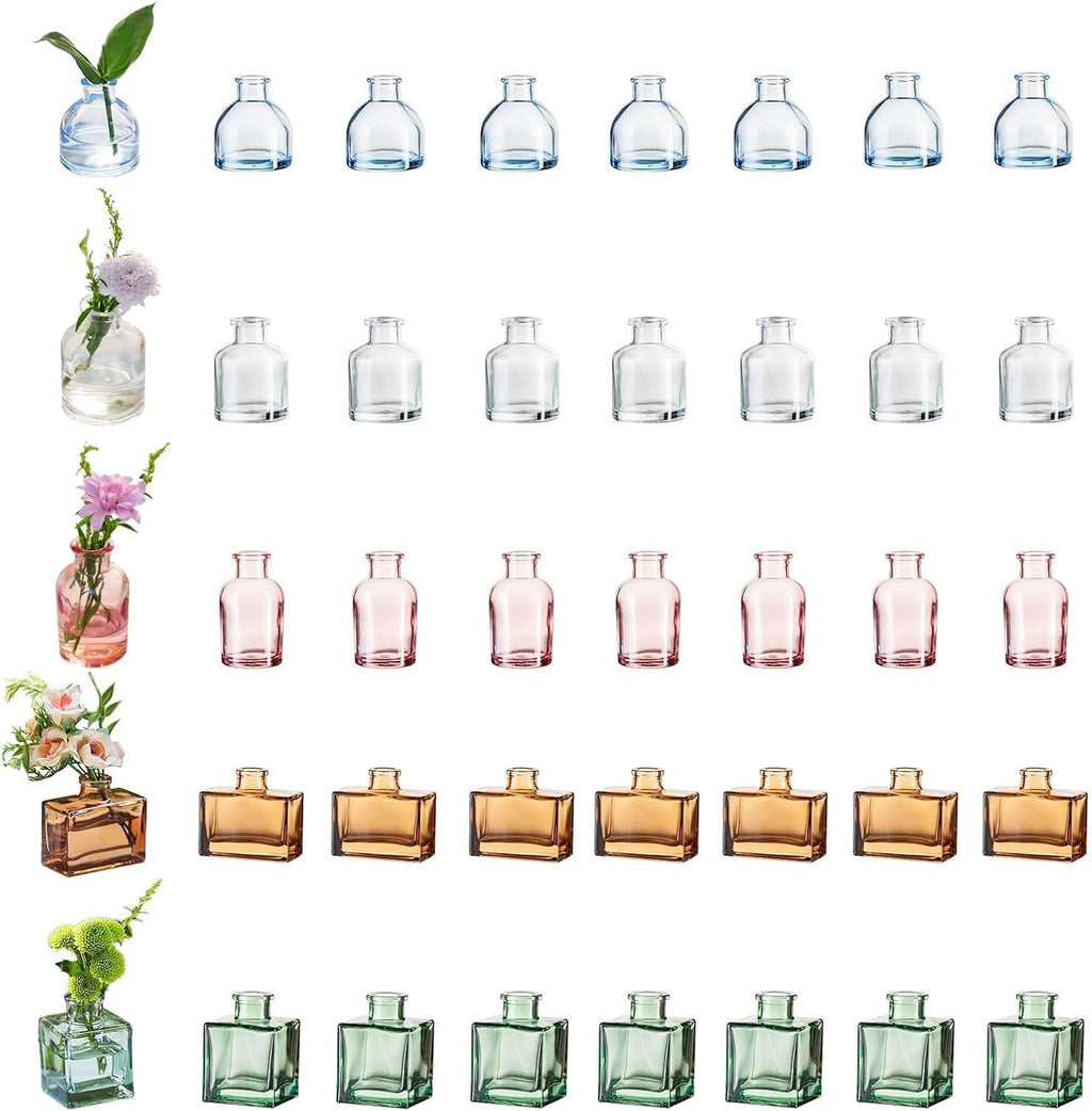 Glasseam Mini Bud Vases in Bulk 40: Colored Small Flower Vases for Centerpieces, Cute Tiny Glass Table Centerpiece for Flowers - Modern Wedding Decorations for Living Room Kitchen Baby Showers