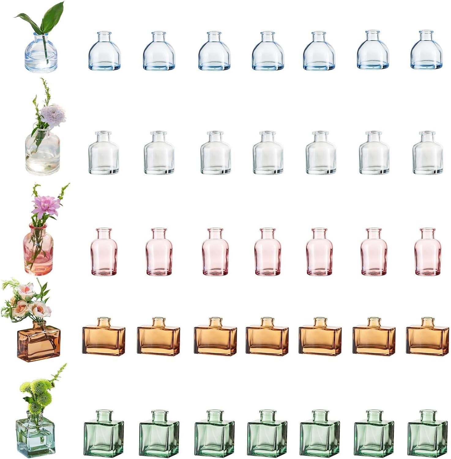Glasseam Mini Bud Vases in Bulk 40: Colored Small Flower Vases for Centerpieces, Cute Tiny Glass Table Centerpiece for Flowers - Modern Wedding Decorations for Living Room Kitchen Baby Showers