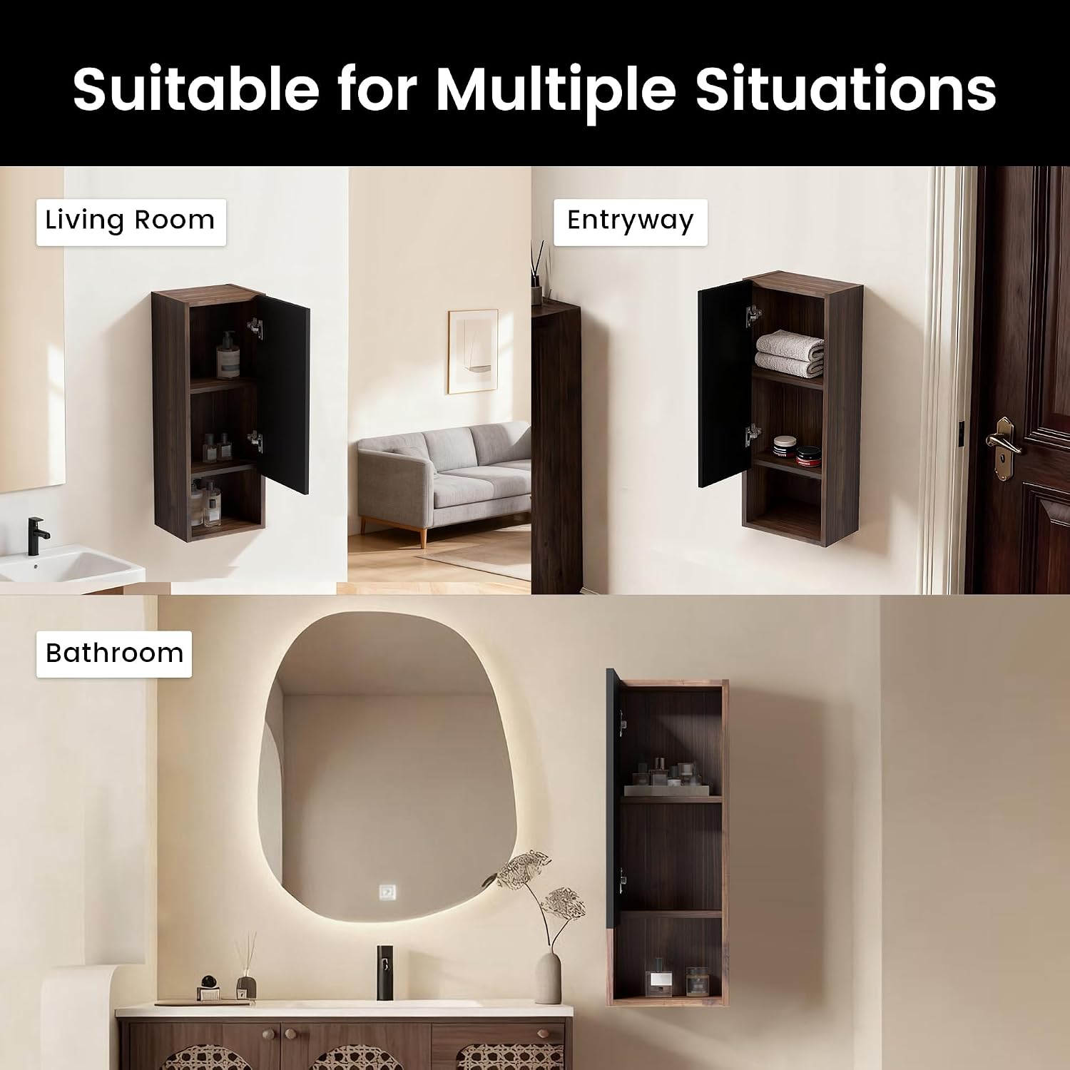 12" Floating Bathroom Storage Cabinet, Modern Wall Cabinets with Soft-Closing Door & Open Shelf, Bathroom Side Cabinet for Small Spaces, Apartment, Walnut+Black