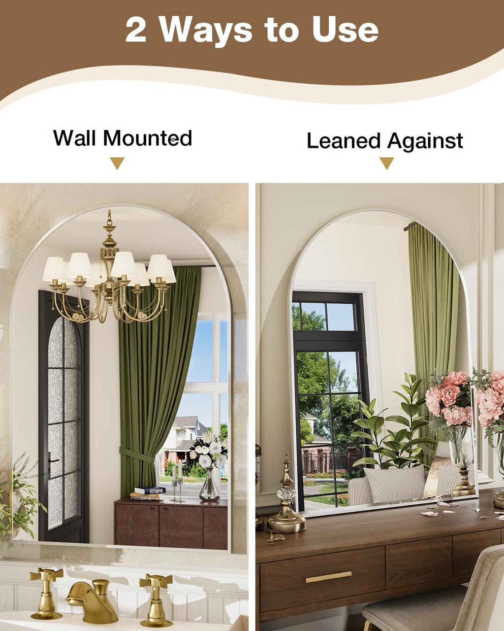 24x36 Inch Arched Bathroom Mirror, Wall Mounted Arch Vanity Mirror for Over Sink, Tempered Glass, Brushed Nickel Aluminum Frame, for Bathroom Bedroom Entryway Living Room