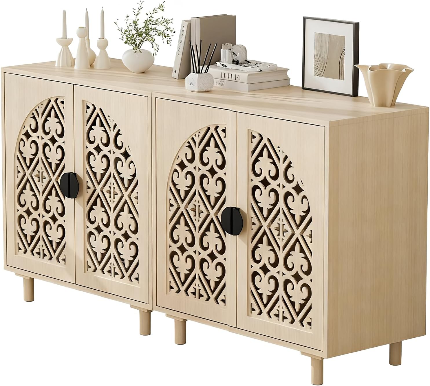 Set of 2 Sideboard Buffet Cabinet, Boho Storage Cabinet with Doors and Shelves, Curved Accent Cabinet with Hollow Door for Living Room, Kitchen, Hallway, Beige