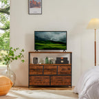 DUMOS TV Stand, Dresser with 5 Fabric Storage Drawers, Media Console Featuring Open Shelf for TV, Compact Entertainment Unit for Bedroom, Living Space, or Dorm Organization, Brown