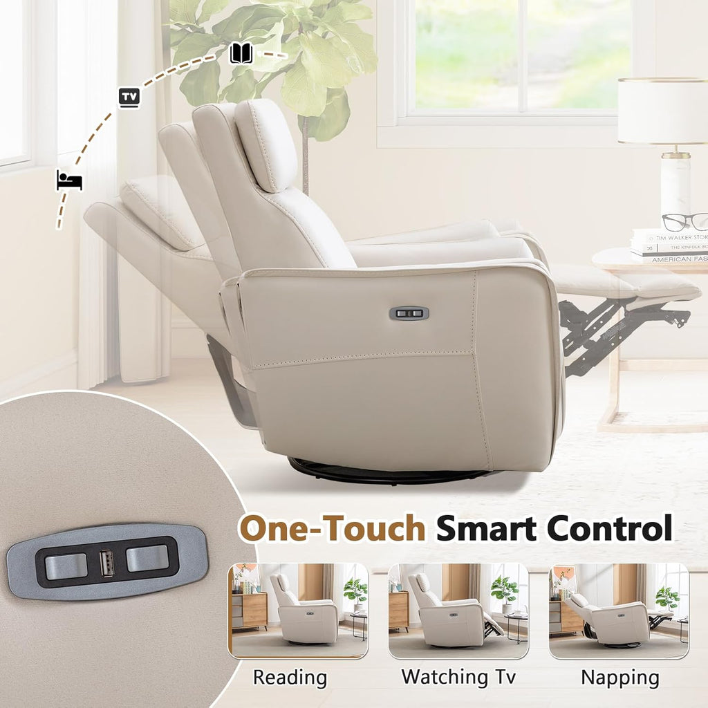 HAOMARKETS Electric Swivel Rocker Recliner Chair, Power Faux Leather Glider Rocking Recliners for Adults,360° Swivel Nursery Reclining Sofa with USB Charging Port, White
