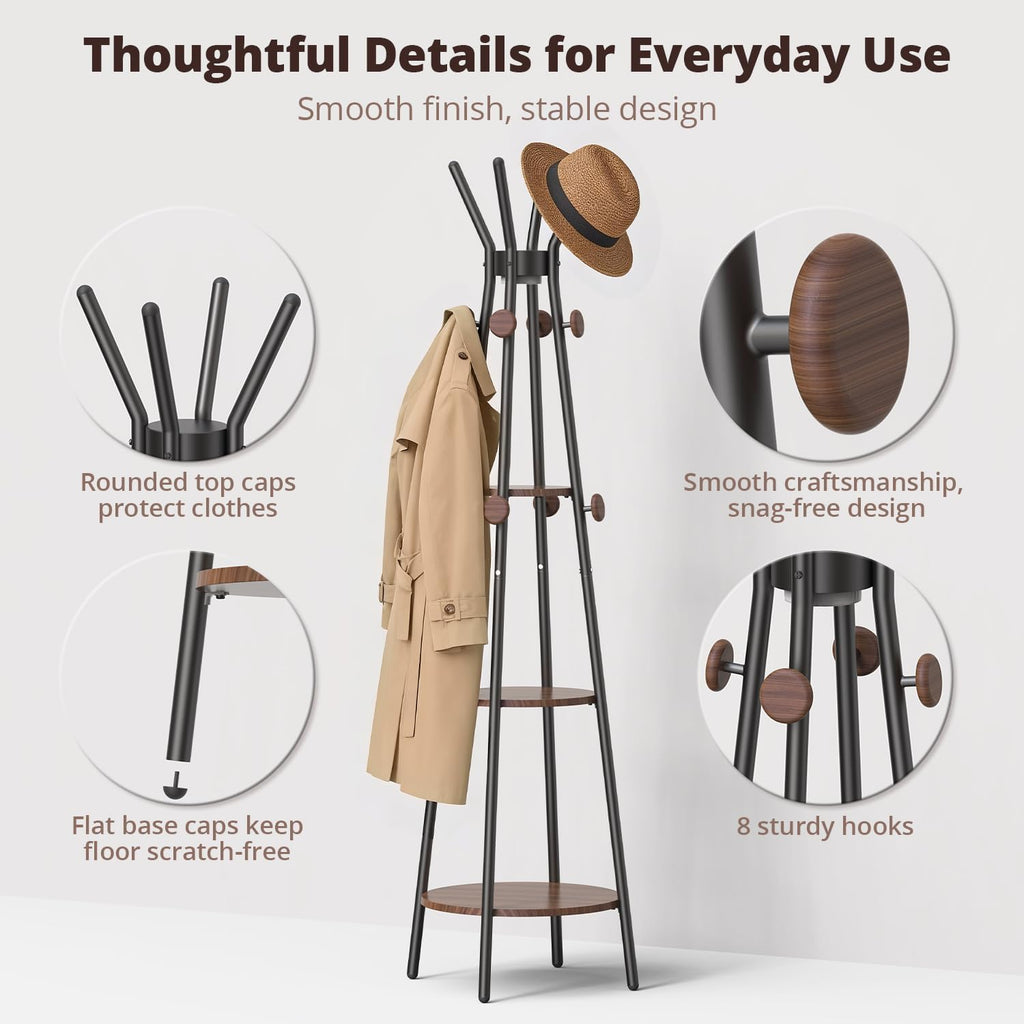 young master Freestanding Coat Rack with Light, 12 Hooks & 3 Wood Shelves, Black