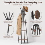 young master Freestanding Coat Rack with Light, 12 Hooks & 3 Wood Shelves, Black