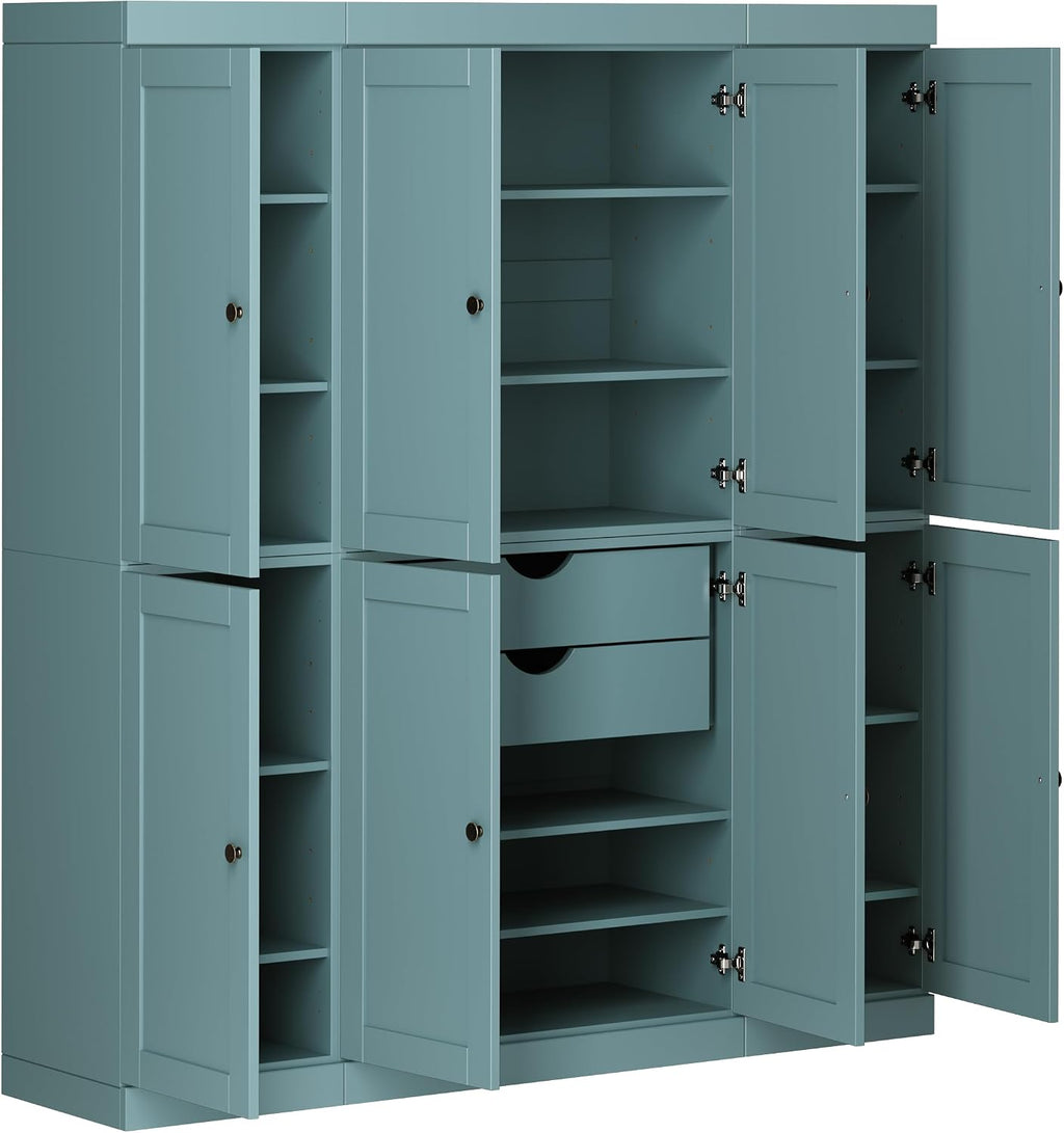Palace Imports Solid Wood Pantry Cabinet - 71.5" Tall x 65" Wide - Wood Storage Cabinet w/ 8 Shaker Wooden Doors, 2 Drawers & 12 Adjustable Shelves - Aqua, Kitchen Cupboard, 100% Eco-Friendly Pine