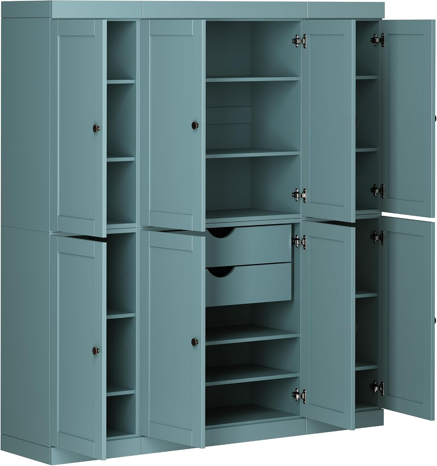 Palace Imports Solid Wood Pantry Cabinet - 71.5" Tall x 65" Wide - Wood Storage Cabinet w/ 8 Shaker Wooden Doors, 2 Drawers & 12 Adjustable Shelves - Aqua, Kitchen Cupboard, 100% Eco-Friendly Pine