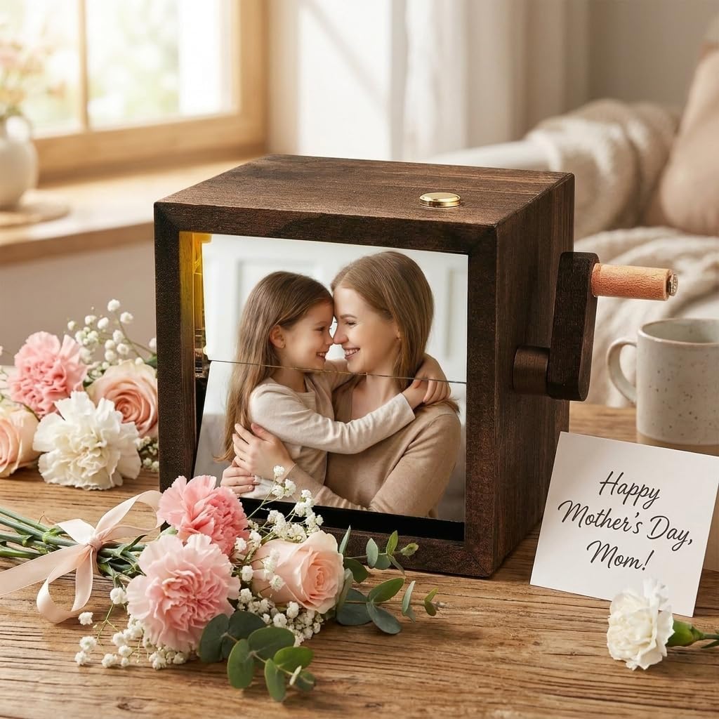 Custom Flip Photo Book, Personalized 8 or 16 Photo Flip Box Frame Animation Machine, Custom Hand-crank Flipbook Box Album with Light, Music, Gifts for Mothers Day Birthday (Walnut)