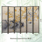 MyGift 6-Panel Large Bamboo Room Divider with Dual-Sided Asian Birds and Gingko Tree Sunset Print, Freestanding Privacy Screen with Brown Solid Wood Frame