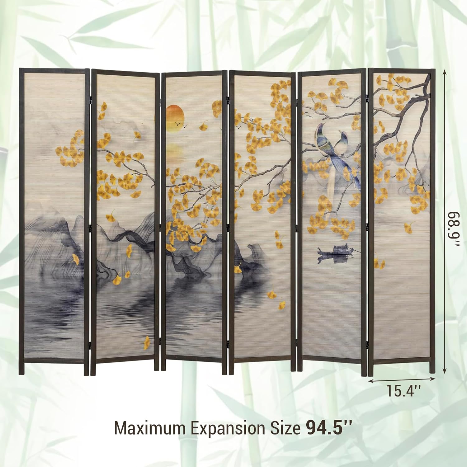 MyGift 6-Panel Large Bamboo Room Divider with Dual-Sided Asian Birds and Gingko Tree Sunset Print, Freestanding Privacy Screen with Brown Solid Wood Frame