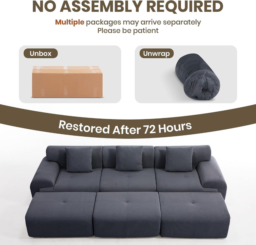 L-Shaped Boneless Modular Sectional Sofa, Boneless Sectional Couch, Oversized 3-Seater Cloud Couch with Deep Seat and Movable Ottoman for Living Room, Apartment (Gray, 3 Seater with 2 Ottoman)