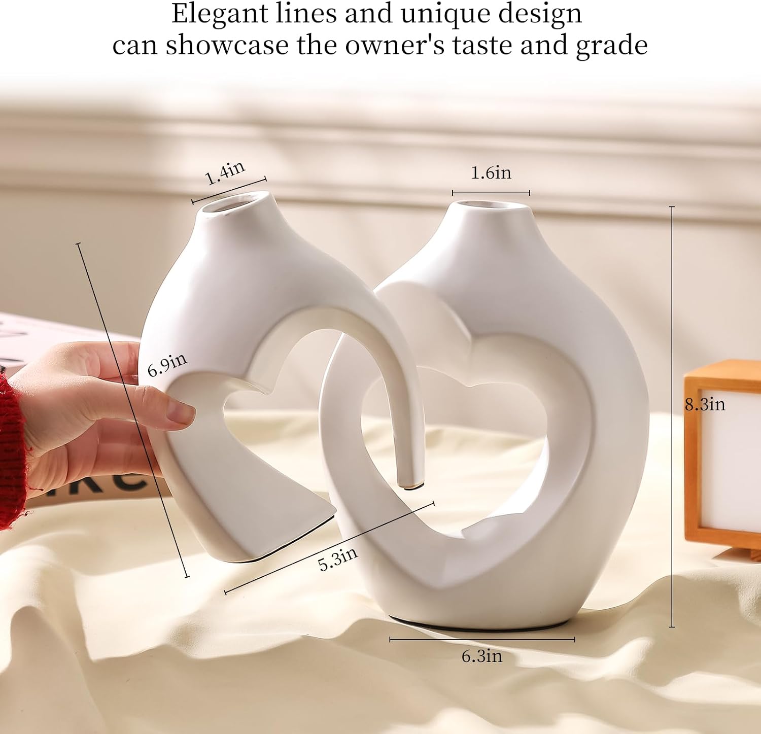 White Vases for Decor, Heart Shaped Ceramic Vase Set of 2, Nordic Modern Heart Vases, Minimalist Decorative Vase for Table Centerpiece Wedding Living Room House Decoration