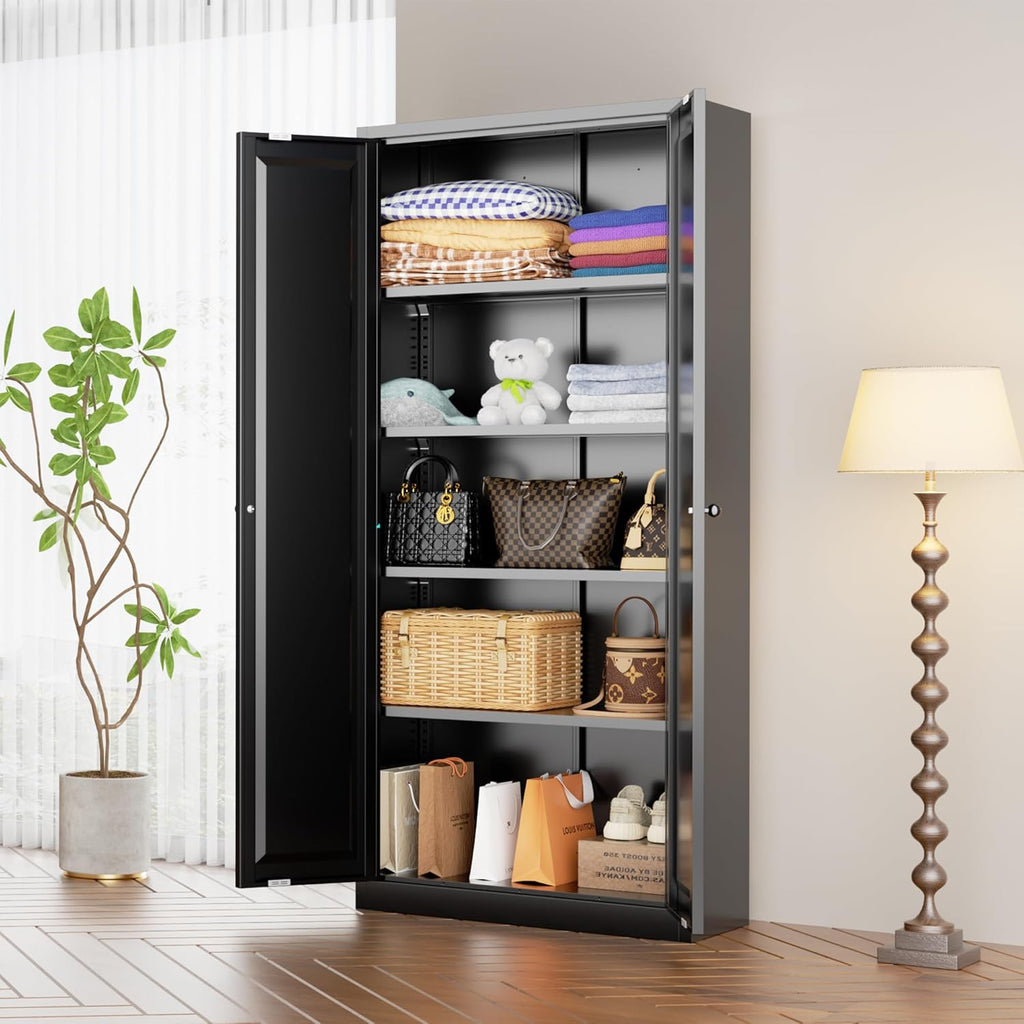 INTERGRAET Kitchen Pantry Cabinet, 63" Tall Metal Pantry Storage Cabinets with 2 Doors and 4 Shelves, Black Metal Storage Cabinet,Cupboard for Home,Kitchen,Living Room