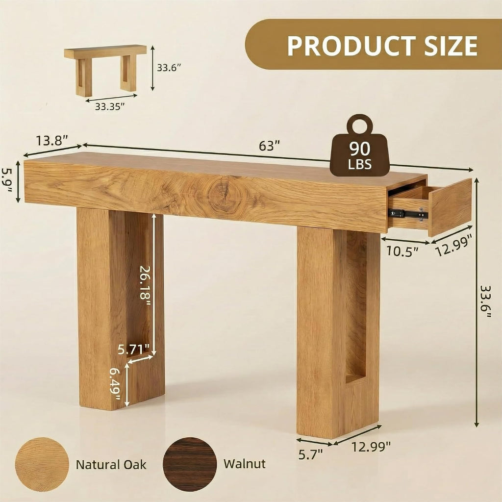 FURSUN 63" Farmhouse Console Table with Drawers, Narrow Sofa Table Behind Couch, Slim Entryway Table with Storage for Hallway, Living Room, Natural Oak
