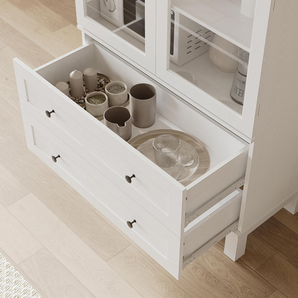 Furnify 71" Tall Arched Kitchen Pantry, Wood Pantry Cabinet with 2 Large Drawers and Glass Doors, Modern Farmhouse Versatile Cupboard for Kitchen, Dining Room, White