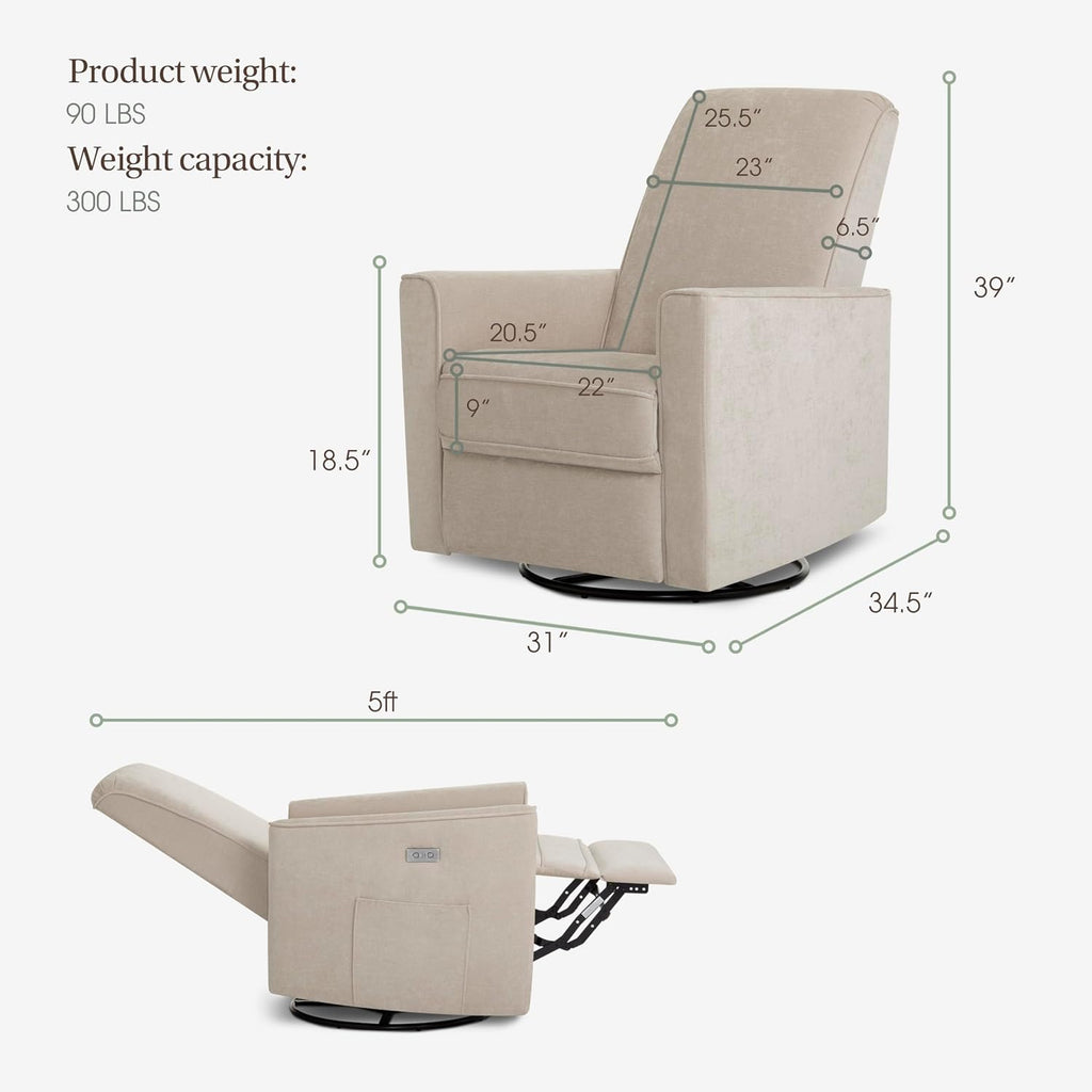 Evolur Harlow Upholstered Power Glider Recliner with USB Charging – Rocking & 275° Swivel with Smooth Glide – Greenguard Gold & FSC Certified – Modern Nursery and Living Room Chair in Tan