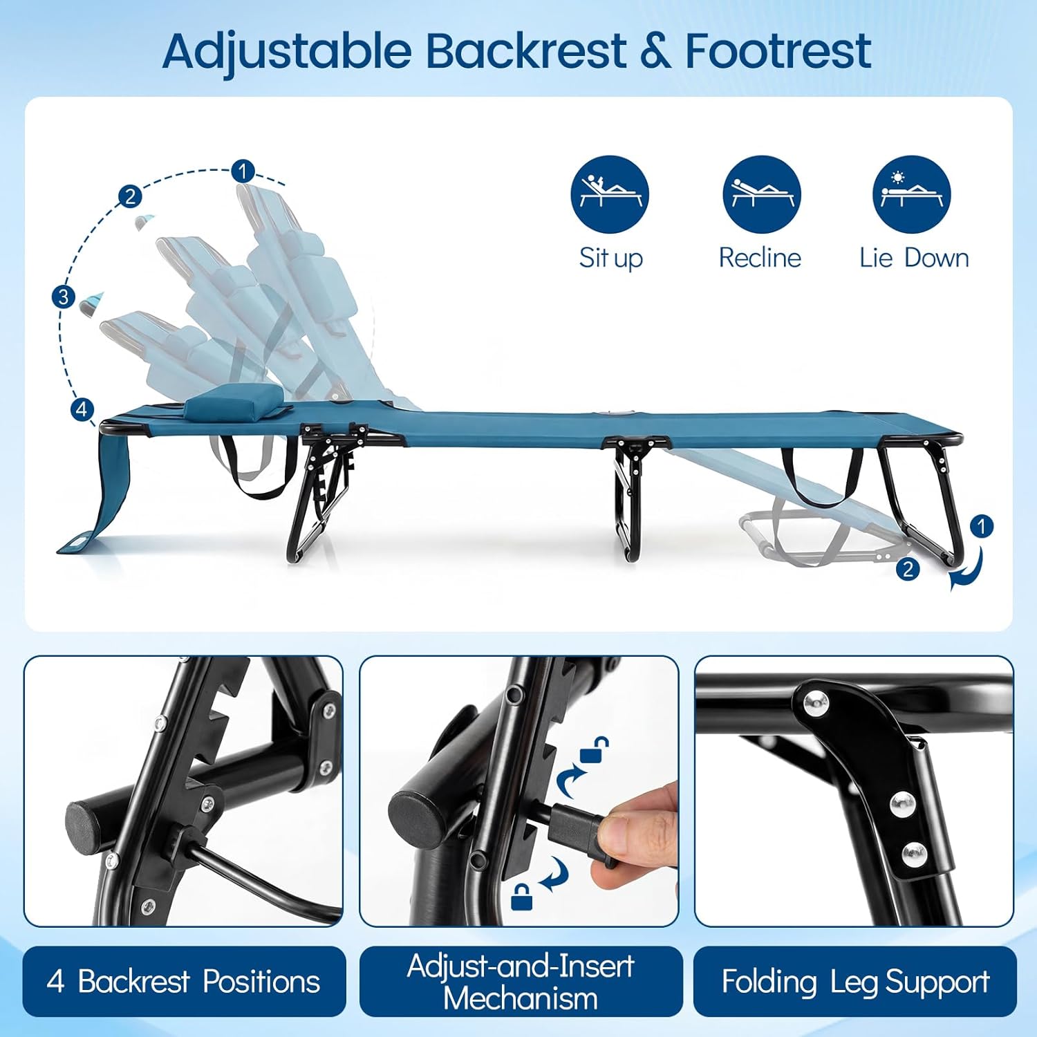 Giantex Folding Beach Tanning Chair, Adjustable Face Down Patio Lounge Chair w/ 4-Position Backrest, Face Hole & Removable Pillow, Portable Sunbathing Chair for Poolside Yard Lawn (2,Steel Blue)