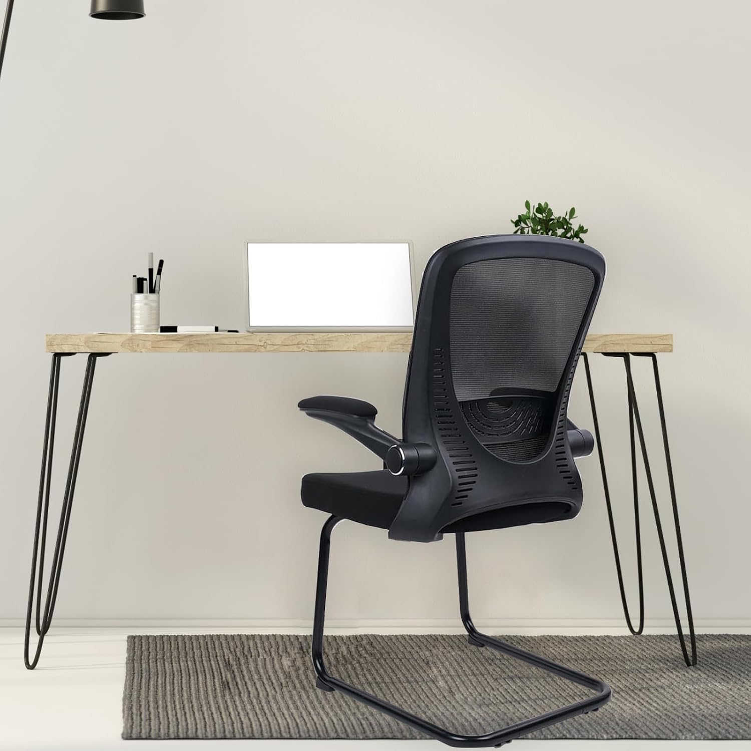 CLATINA Office Chair No Wheels, Stationary Sled Base Reception Guest Chair with Flip Up Arms and Lumbar Support Desk Chair for Home Waiting Room Conference Lobby Kids Student Elderly(1PACK)