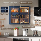 Bathroom Wall Cabinet with 13-Color Light, Wall Mounted 3-Sided Glass Display Cabinet with Adjustable Shelves, Floating Metal Medicine Storage Cabinet for Kitchen Living Room - Blue