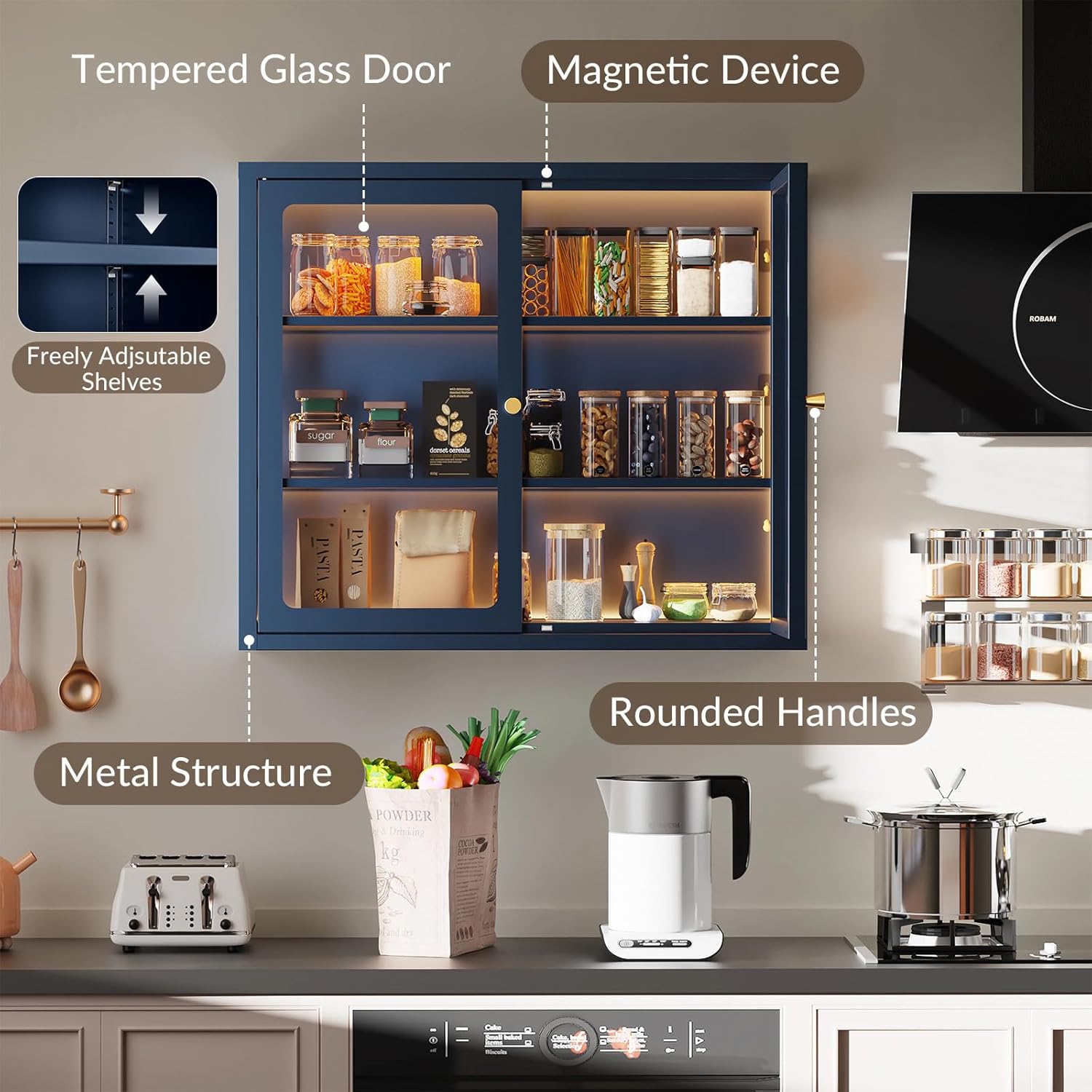 Bathroom Wall Cabinet with 13-Color Light, Wall Mounted 3-Sided Glass Display Cabinet with Adjustable Shelves, Floating Metal Medicine Storage Cabinet for Kitchen Living Room - Blue