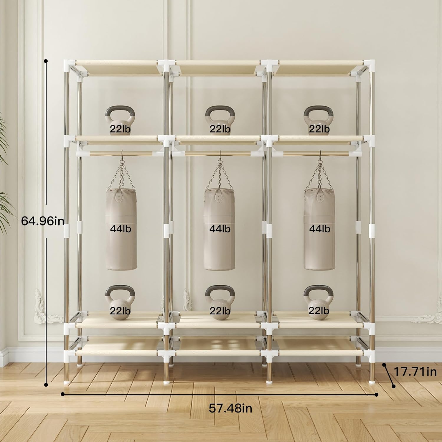 Portable Wardrobe 3 Rods 3 Drawers 3 Compartments Non-Woven Fabric Metal Frame Small Room (Brown, 57.5 in)
