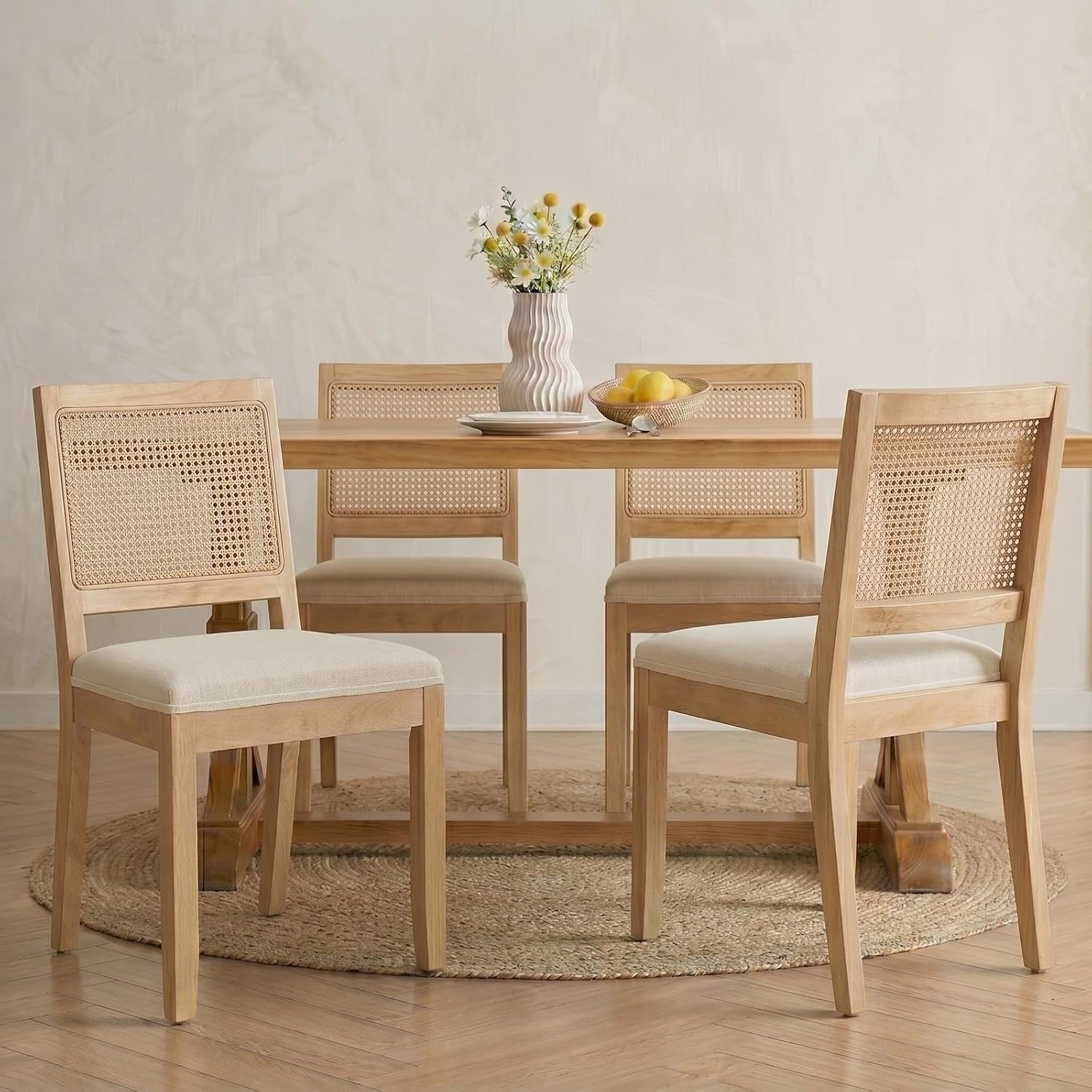 Vintage French Country Dining Chairs Set of 4, Rattan Dining Chairs with a Low Square Back, Beige 4 Dining Chair Set, Sillas para Comedor, Kitchen & Dining Room Chair (Beige, 4Pcs)