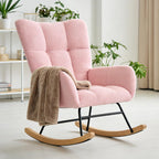 Nursery Rocking Chair, Teddy Upholstered Glider Rocker with High Backrest & Thick Cushion, Tufted Accent Armchair with Wood Legs, Comfy Reading Chair for Living Room Bedroom Office, Pink