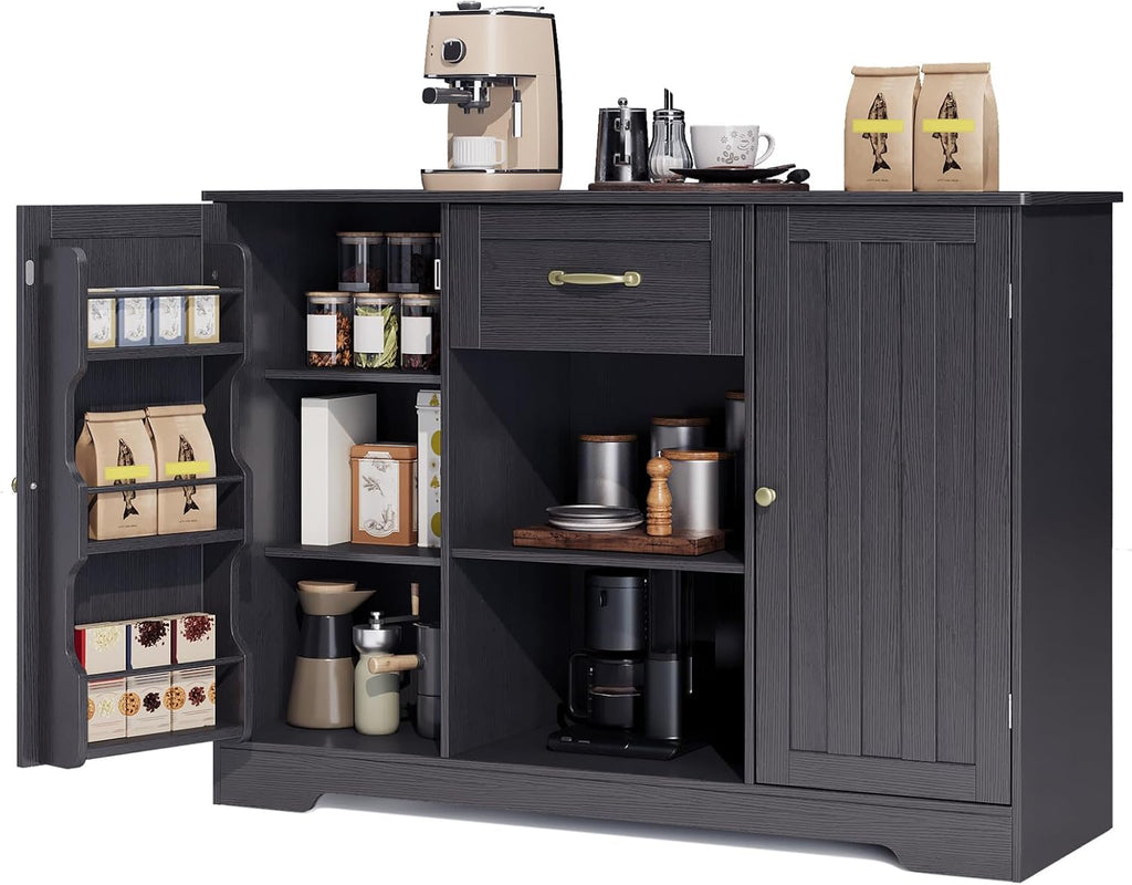 Gizoon 45" Coffee Bar Cabinet with Door and Shelves Kitchen Hutch with Countertop, Kitchen Buffer Cabinet with Storage for Bedroom and Living Room, Black