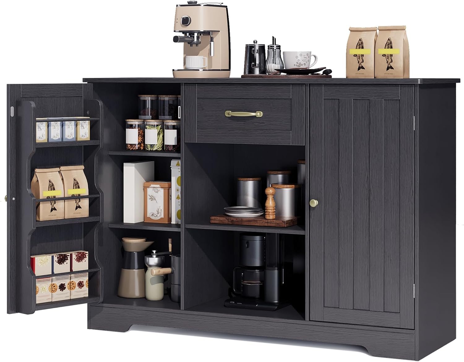 Gizoon 45" Coffee Bar Cabinet with Door and Shelves Kitchen Hutch with Countertop, Kitchen Buffer Cabinet with Storage for Bedroom and Living Room, Black