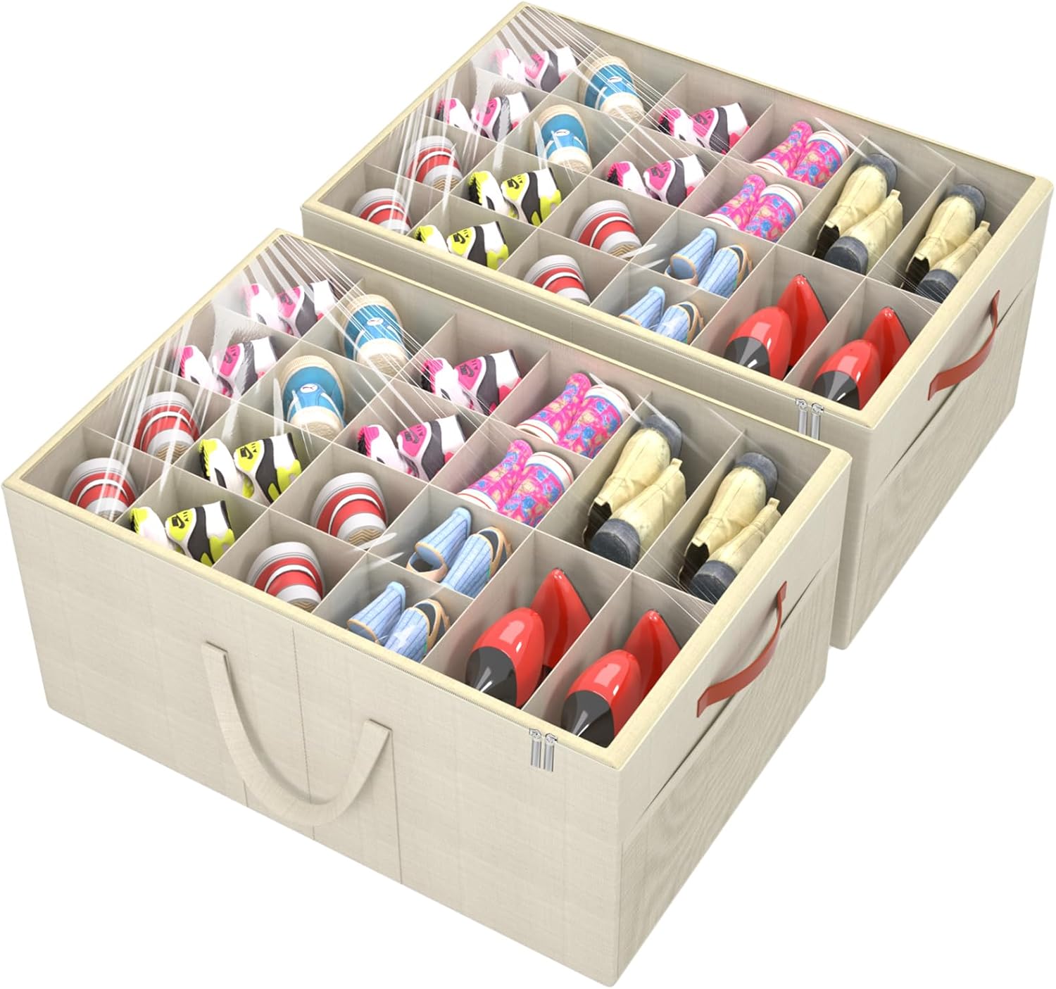 Aokeyee 2 Pack Shoe Organizer for Closet, Large Shoe Storage Box Fits up to 48 Pairs, Space Saving Foldable Shoes Organizer Bin w/Clear Cover and 4 Reinforced Handles, Beige