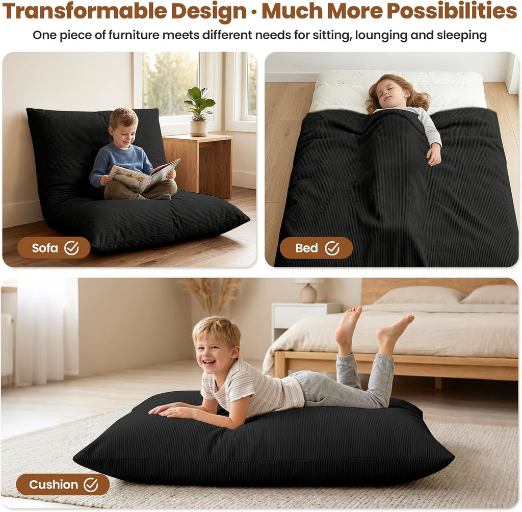 POWERFUEL Kids Bean Bag Bed 3 in 1, Foldable Compression Sofa Bed for Children, Toddler Floor Lounger with Soft Removable Washable Cover, Foam Filled Chair for Bedroom Living Room Guest Bed