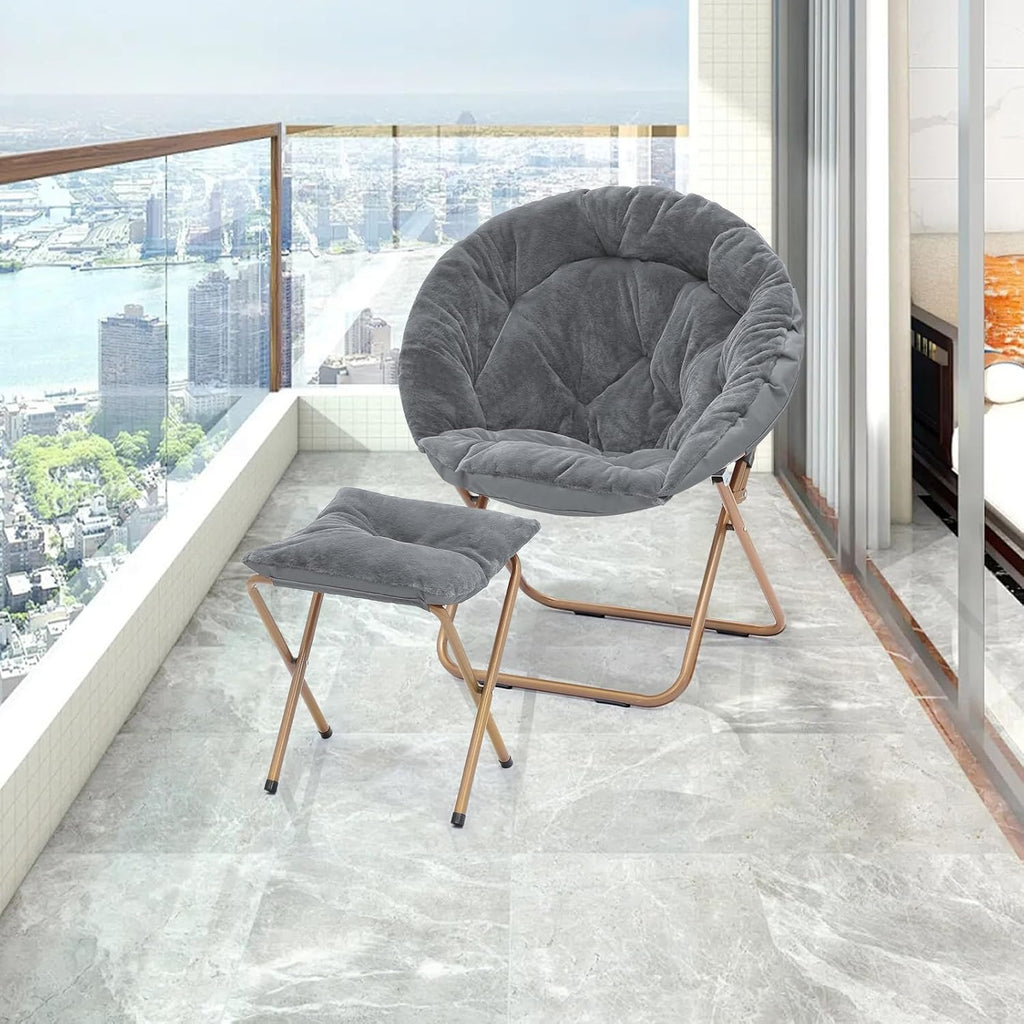 Athena Collection Round Saucer Chair with Ottoman Set for Adults, Oversize Comfy Cozy Faux Fur Folding Reading Chair with Metal Leg Lazy Relaxing for Living Room Bedroom Dorm Apartment, Grey