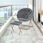 Athena Collection Round Saucer Chair with Ottoman Set for Adults, Oversize Comfy Cozy Faux Fur Folding Reading Chair with Metal Leg Lazy Relaxing for Living Room Bedroom Dorm Apartment, Grey