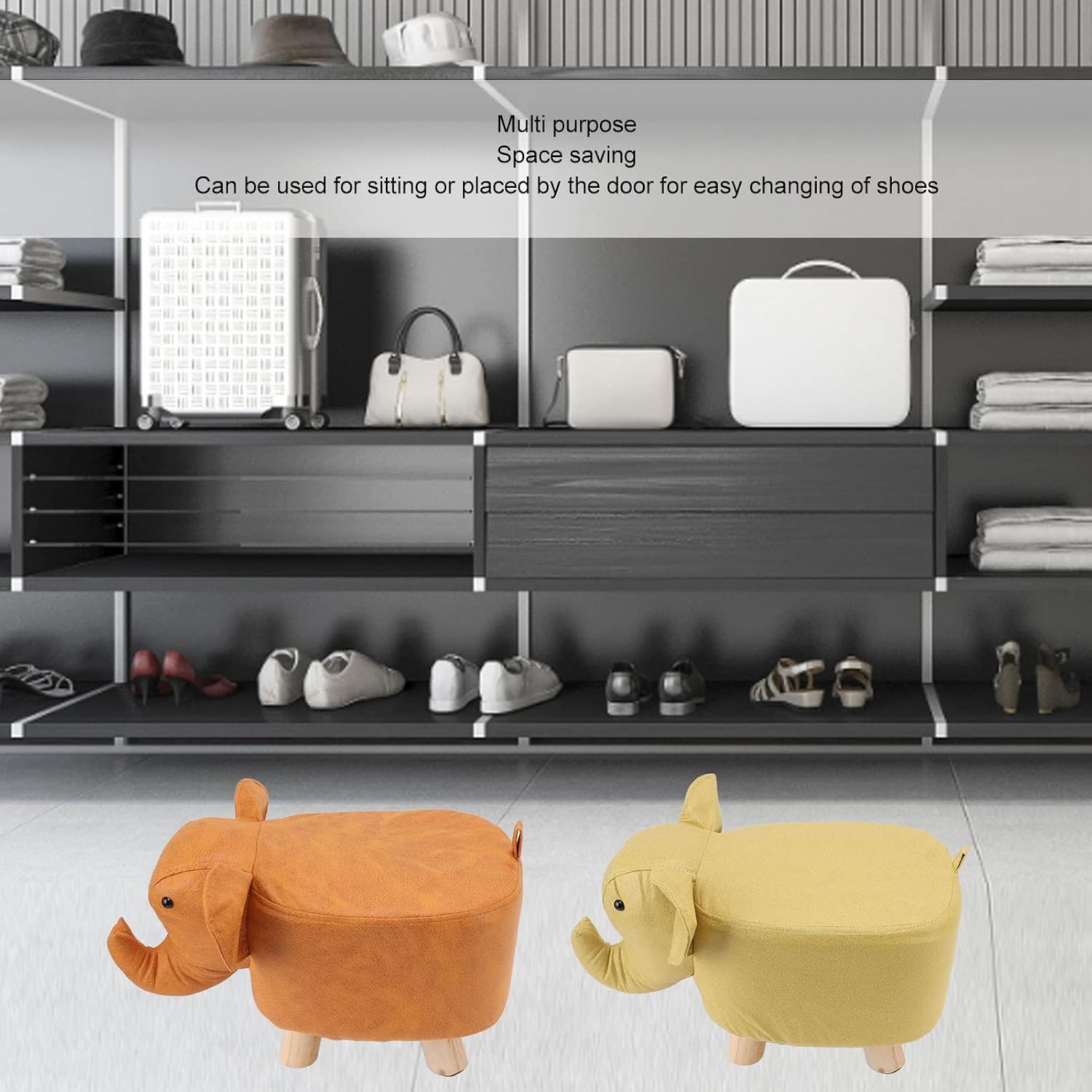 SUNGOOYUE Animal Footstools, Cute Elephant Stool with Soft Sponge and Anti Slip Patches, Sturdy Pine Wood Frame, for Nursery Bedroom Living Room Decor (Yellow)
