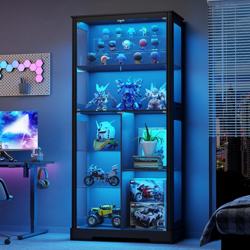 Gurexl Modern Glass Display Cabinet with Human Body Sensor, 7-Tier Curio Cabinet with Glass Doors & 3 Color Lights, Tall Display Case for Collectibles, Living Room, Black