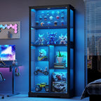 Gurexl Modern Glass Display Cabinet with Human Body Sensor, 7-Tier Curio Cabinet with Glass Doors & 3 Color Lights, Tall Display Case for Collectibles, Living Room, Black