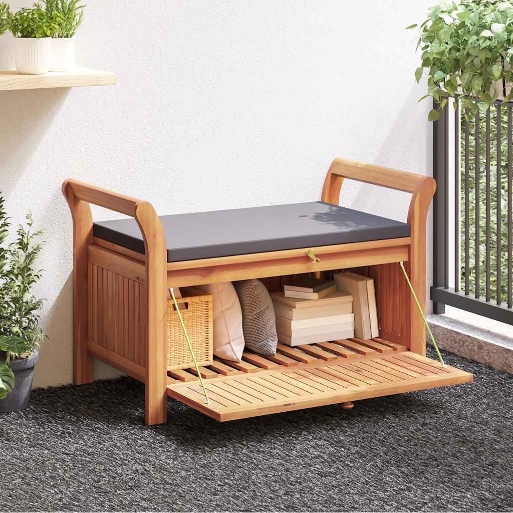 Solid Wood Acacia Patio Storage Bench with Cushion, 35.8 Inch Curved Arm Storage Bench for Garden Cushions and Pillows